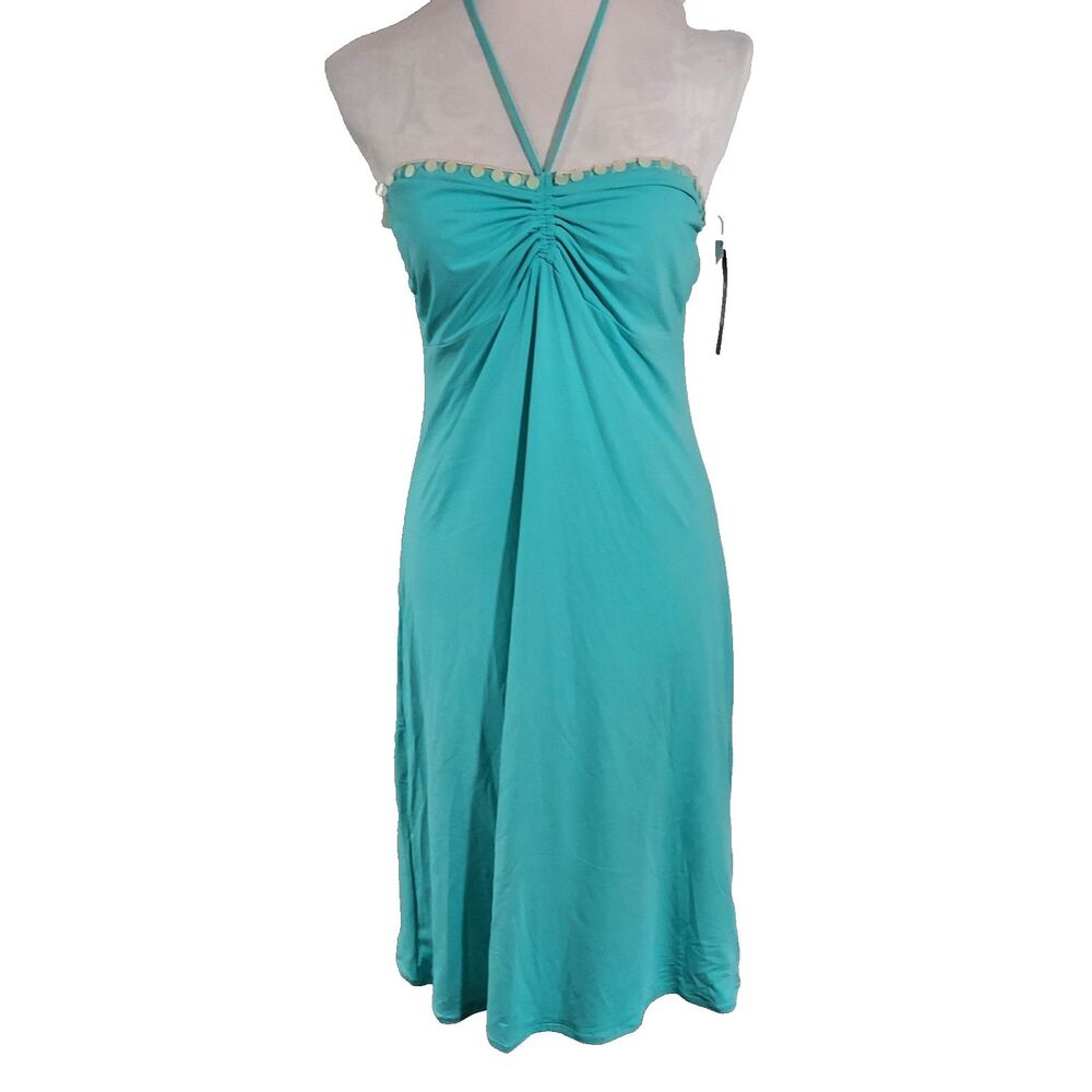 DKNY Cover Up Halter Dress Size Large Tie Neck Shell Beads Stretch Lagoon NWT